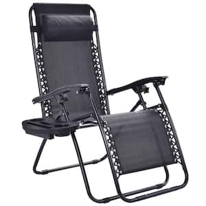 Folding Metal Zero Gravity Reclining Outdoor Lounge Chair with Cup Holder Tray and Headrest in Black