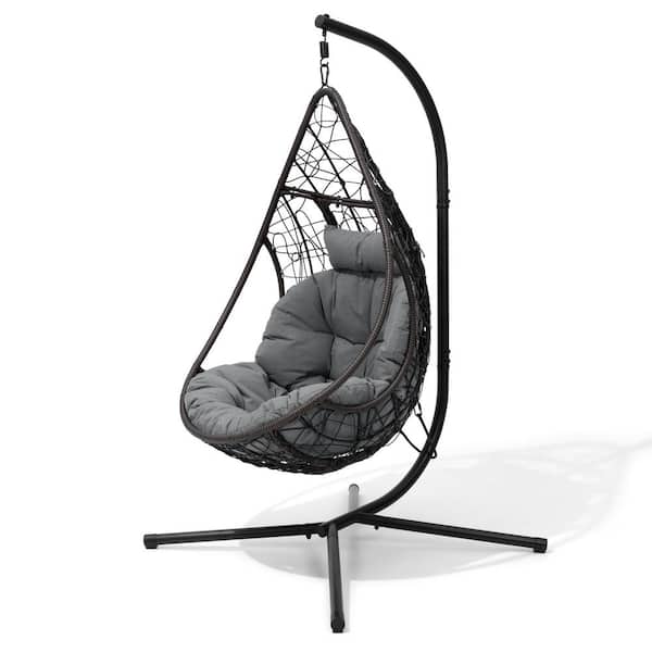 Pellebant Metal Frame PE Rattan Egg Chair Porch Swing with Gray Cushion