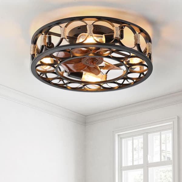 Lasaideal 20 in. 4-Light indoor Wood Grain Farmhouse Caged Low Profile Ceiling Fan Flush Mount Remote Control with Bulbs Included