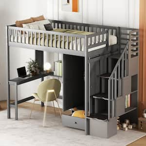 Gray Twin Wooden Loft Bed with Wardrobe, Drawer, Desk, Bookshelf and Storage Staircase
