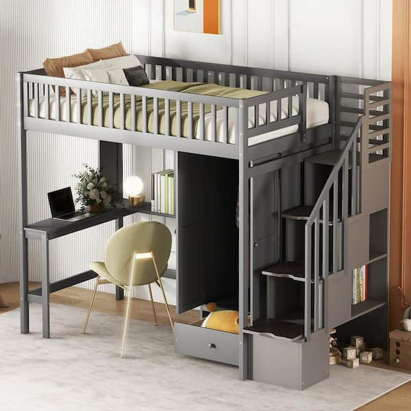 Loft bed with stairs desk hot sale and storage