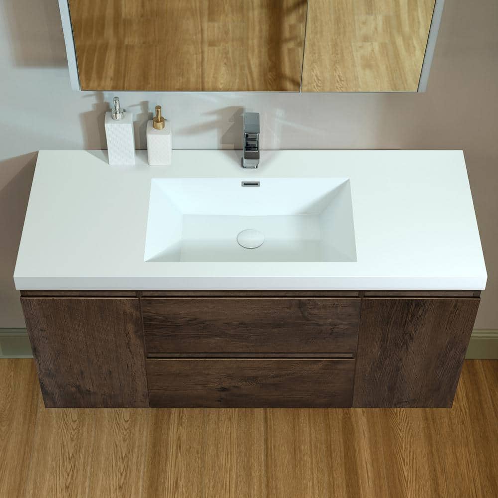47" Rose Wood Floating Vanity with White Resin Top