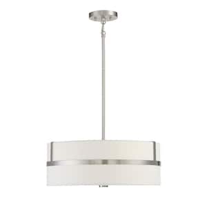 20 in. W x 8 in. H 4-Light Brushed Nickel Shaded Pendant Light with White Drum Fabric Shade
