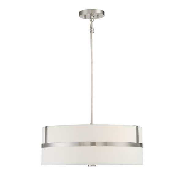 TUXEDO PARK LIGHTING 20 in. W x 8 in. H 4-Light Brushed Nickel Shaded Pendant Light with White Drum Fabric Shade