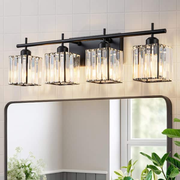 28.15 in. 4-Light Black Modern/Contemporary Clear Crystal Shade Bathroom Vanity Light