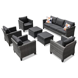 New Vultros Gray 7-Piece Wicker Patio Conversation Set ating Set with Black Cushions
