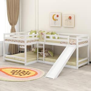 L-Shaped White Full and Twin Size Wood Bunk Bed with Slide