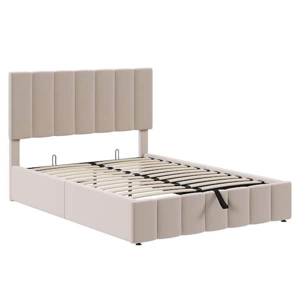 Beige Wood Frame Full Size Platform Bed with A Hydraulic Storage System