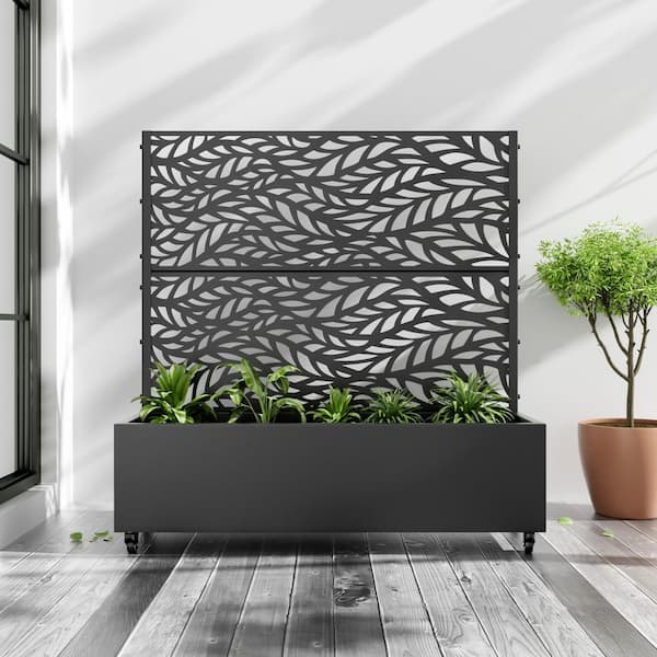 Lirago 47 in. H x 47 in. W Rectanglar Black Outdoor Metal Privacy Screen Planter Box Wall Decor in Leaf Pattern
