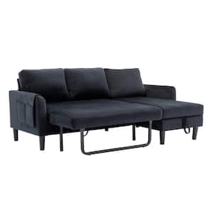 73 in. Modern Black Velvet Reversible Sleeper Sectional Sofa Bed with Side Pocket and Storage Chaise