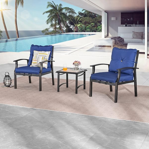 Patio Festival 3-Piece Metal Patio Conversation Set with Blue Cushions