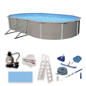 Belize 18 ft. x 33 ft. Oval x 52 in. Deep Metal Wall Above Ground Pool Package with 6 in. Top Rail