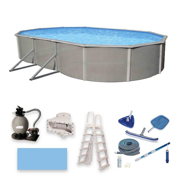 Blue Wave Belize 18 ft. x 33 ft. Oval x 52 in. Deep Metal Wall Above Ground Pool Package with 6 in. Top Rail