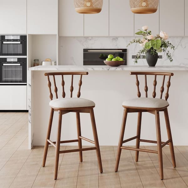 Baal Modern Walnut Solid Wood and Beige Fabric Upholstered Barstools, Hourglass Backrest (Set of 2)