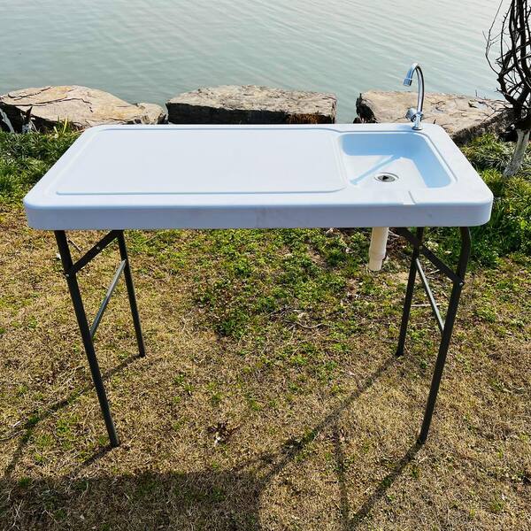 Goplus 40-Inch Folding Fish Cleaning Table With Dual Water Basins - Portable Outdoor Camping Sink Station