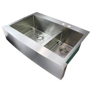 Diamond Farmhouse/Apron-Front Stainless Steel 36 in. 2-Hole Double Offset Bowl Kitchen Sink in Brushed