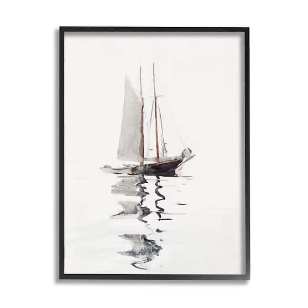 The Stupell Home Decor Collection Tranquil Sailboat Vessel Floating Lone Ocean Reflection by Lettered and Lined Framed Nature Art Print 30 in. x 24 in.