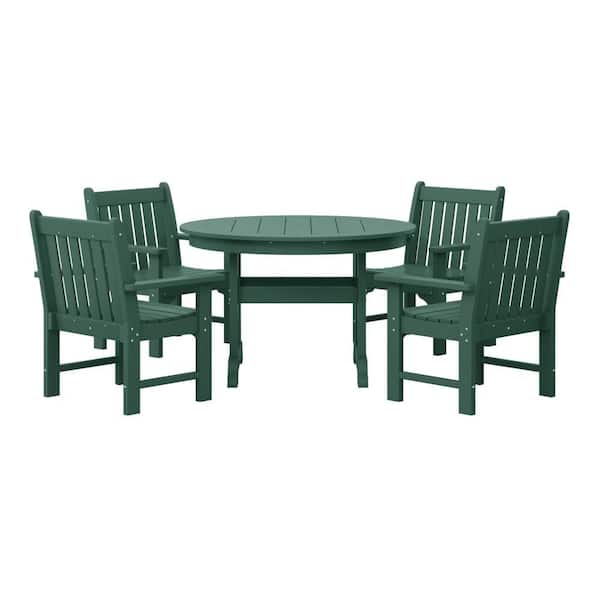 Laguna 5-PC Outdoor Patio Poly Plastic Fade Resistant Garden Arm Chair and Round Trestle Table Dining Set in Dark Green