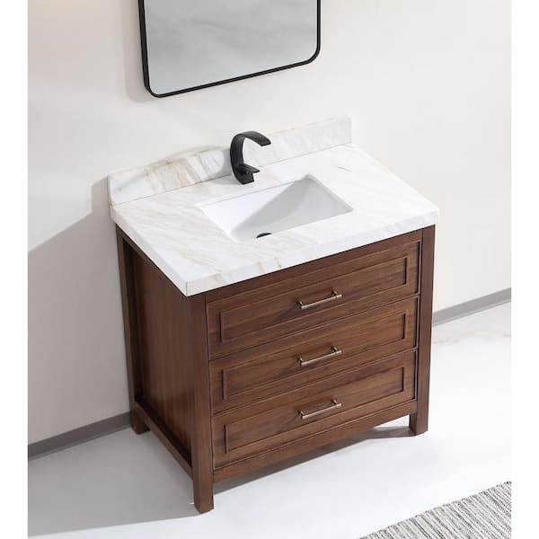 Luxury Ebony Series 36 in. 1 Freestanding Dark Brown Finish Bath Vanity with 2 in. White Natural Marble Top Assembled