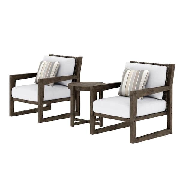 Brown 3-Piece Acacia Wood Patio Conversation Set with Gray Cushions and Sunbrella Pillows