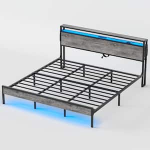 Grey Metal Frame King Size Platform Bed with Charge Station and Storage Headboard & LED Lights