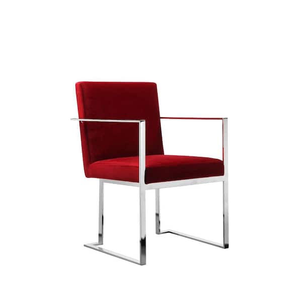 Benjara Red and Chrome Velvet Cantilever Base Dining Armchair