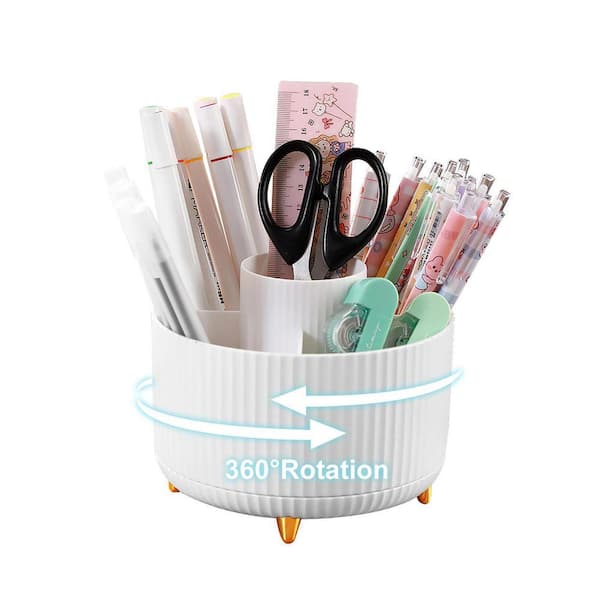 White 5.9 in. x 4.7 in. ABS Plastic Rotating Desk Organizer with 5 Compartments for Office, School, and Home Storage