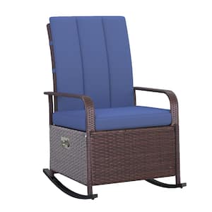 Brown Wicker Outdoor Rocking Chair with Blue Cushions, Patio Recliner with Adjustment Backrest and Adjustable Footrest