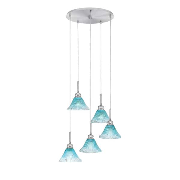Unbranded Albany 60-Watt 20.25 in. 5-Light Brushed Nickel Cord Pendant Light Teal Crystal Glass Shade