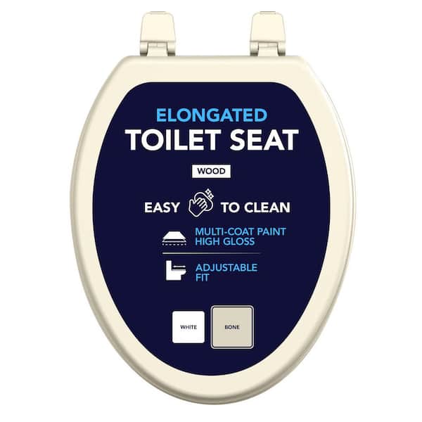 PLUMBFLEX Elongated Toilet Seat with Adjustable Hinges in Bone Molded Wood, Standard Size Fit