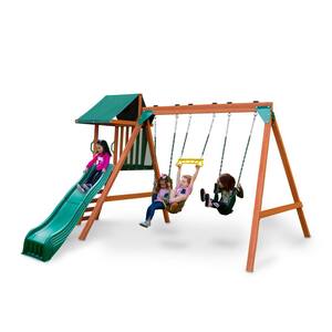 Ranger Plus Wooden Outdoor Playset with Swings, Trapeze Bar, Wave Slide and Backyard Swing Set Safety Handles