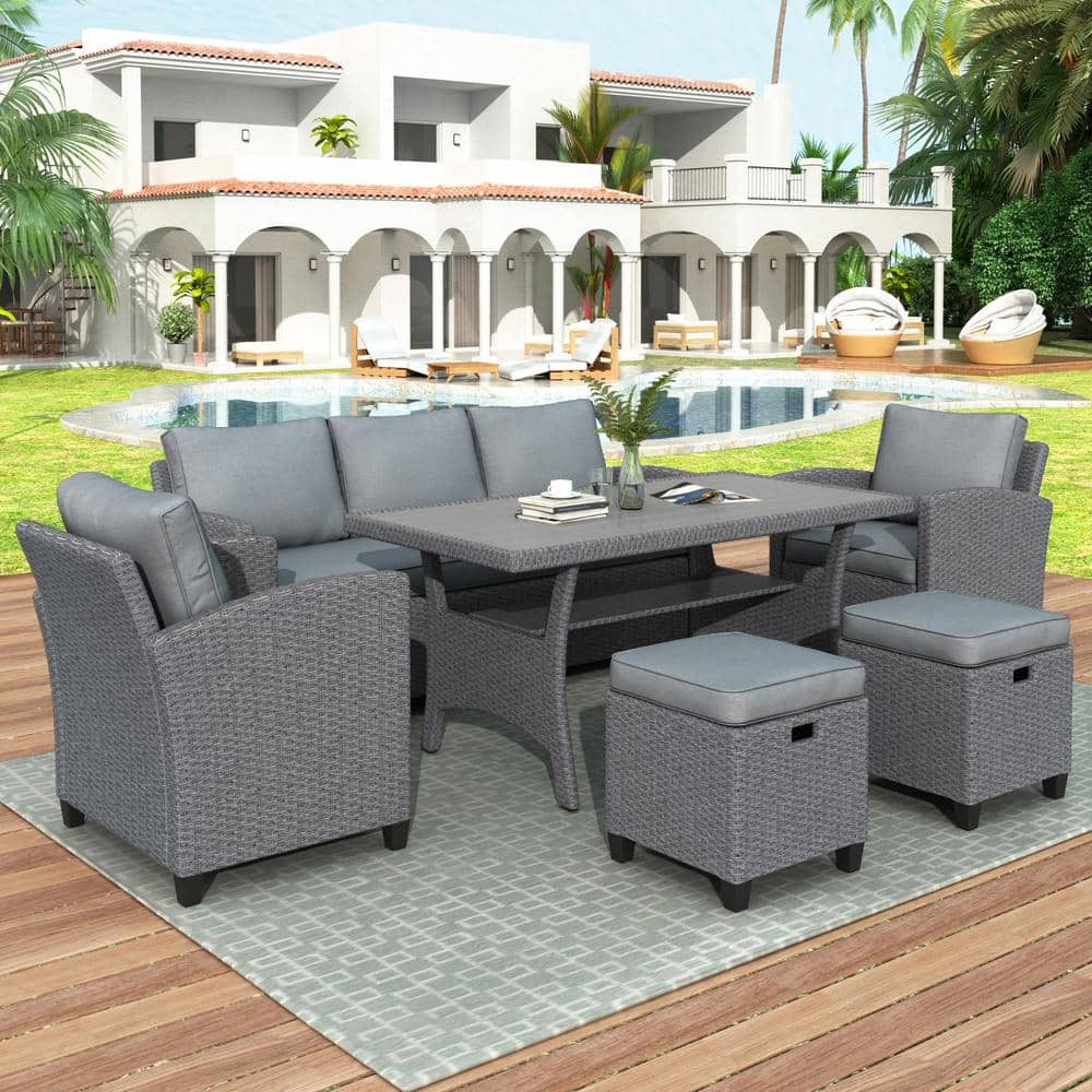 Gray Rattan Wicker 6-Piece Outdoor Patio Sectional Sofa Set with Chair, Sto