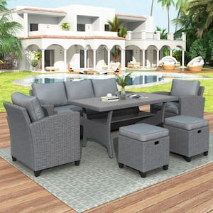 Gray Rattan Wicker 6-Piece Outdoor Patio Sectional Sofa Set with Chair, Stools, Table and Gray Cushions