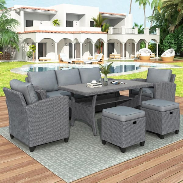 Unbranded Gray Rattan Wicker 6-Piece Outdoor Patio Sectional Sofa Set with Chair, Stools, Table and Gray Cushions