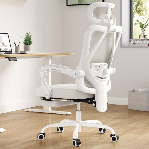Mesh Adjustable Height Ergonomic Task Chair in Beige with Retractable Footrest and Adjustable Lumbar Support