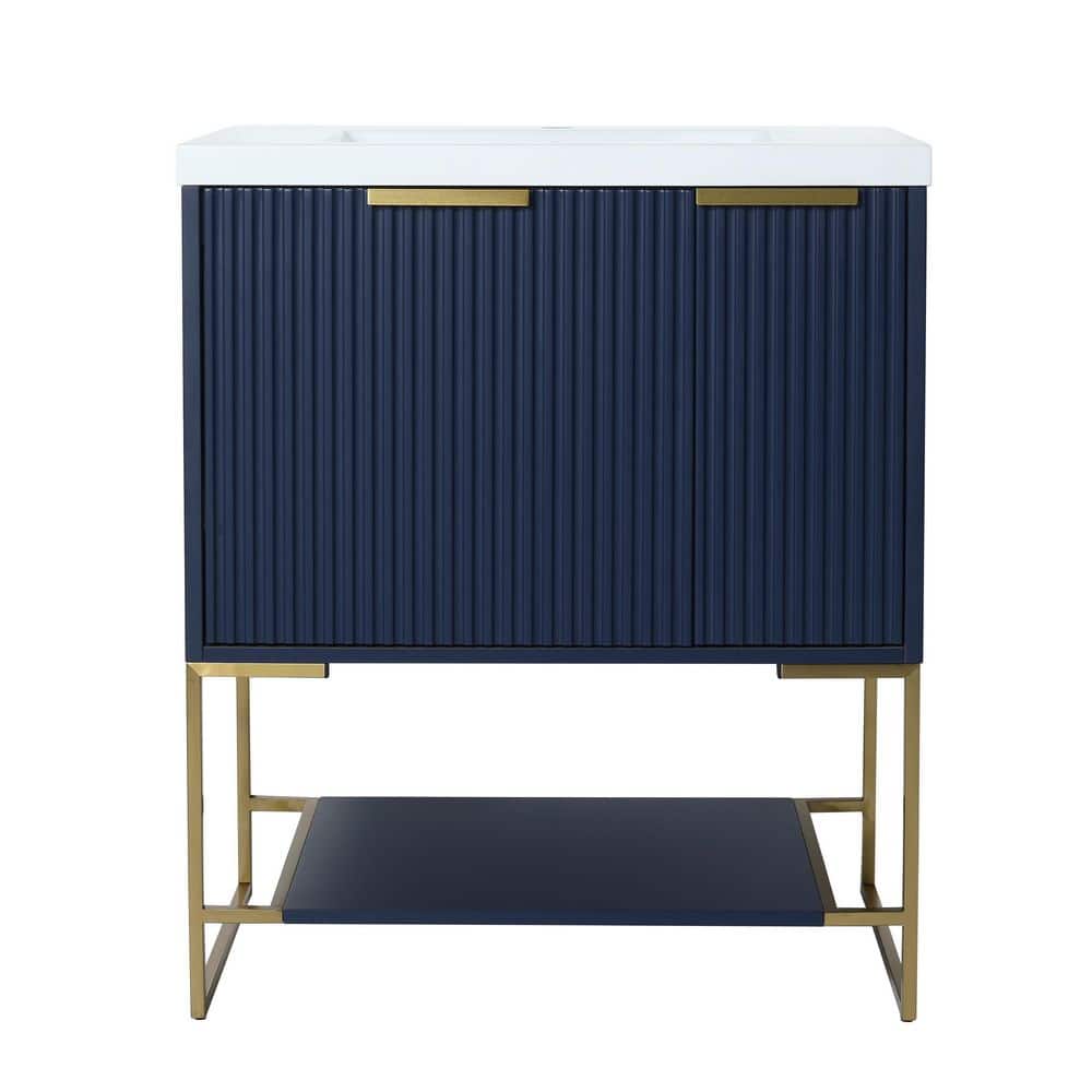 30 in. W x 18 in. D x 35 in. H Freestanding Bathroom Vanity in Blue with Gl