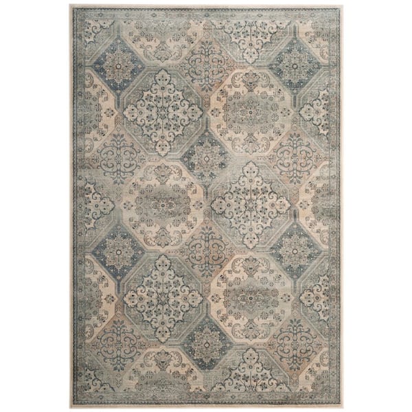 Vintage 5 ft. x 8 ft. Cream/Blue Geometric Ornate Area Rug