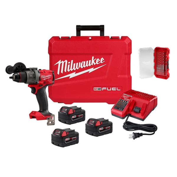 M18 FUEL 18V 1/2 in. Hammer Drill Kit w/ (3) 5. 0Ah Batteries, Hard Case with 7-Pc Carbide Bit Kit
