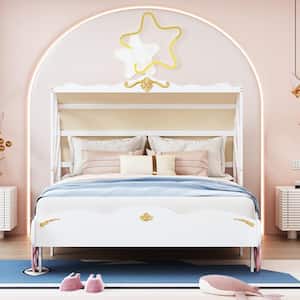 White and Pink Full Size Wooden Magnificent Carriage Bed, Car Shaped Platform Bed with Canopy and 3D Carving Pattern