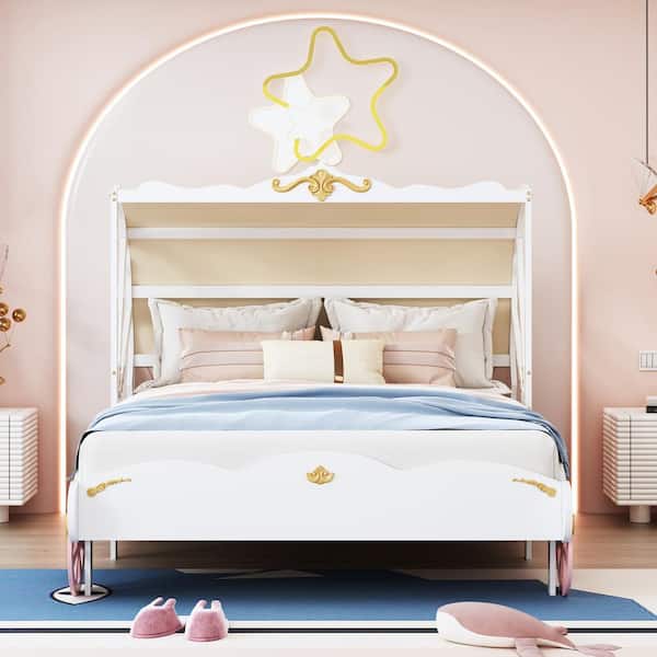 Harper & Bright Designs White and Pink Full Size Wooden Magnificent Carriage Bed, Car Shaped Platform Bed with Canopy and 3D Carving Pattern