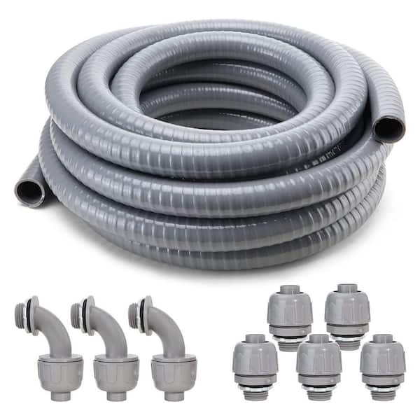 Vrbgify 1 in. x 50 ft. Flexible Non Metallic Liquid Tight Electrical Wire Holder with 5 Straight and 3 Angle Conduit Fittings