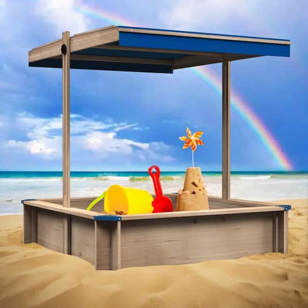 Unbranded 3.7 ft. W x 3.7 ft. L Wooden Sandbox with Adjustable Canopy and Cover, Sand Pit for Kids Wood Playset Beach Patio