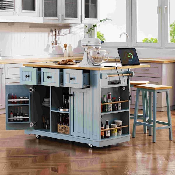 Gray/Blue Wood 53 in. Kitchen Island with Drop Leaf, Door Internal Rack, Rolling Kitchen Cart with 3 Drawers