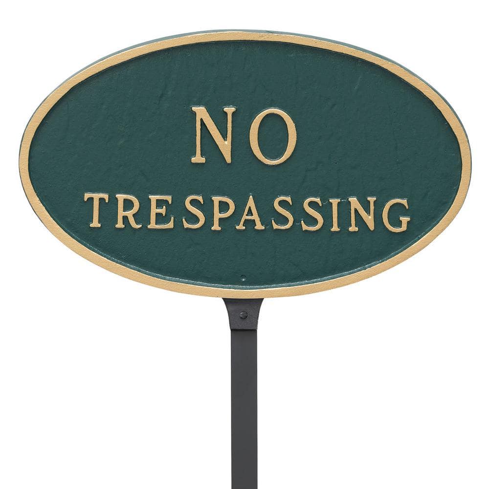 6 in. x 10 in. Small Oval No Trespassing Statement Plaque Sign with 23 in. Lawn Stake, Hunter Green with Gold Lettering product image for price tracking