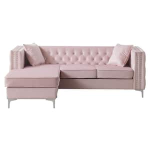 Paige 87 in. Square Arm Velvet Tufted L Shaped Sofa in Pink