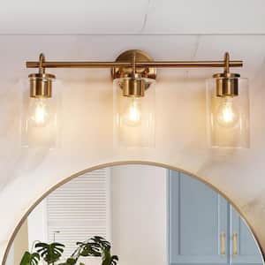 Modern Plated Brass Bathroom Vanity Light 23 in. 3-Light Classic Decorative Wall Sconce with Cylinder Clear Glass Shades
