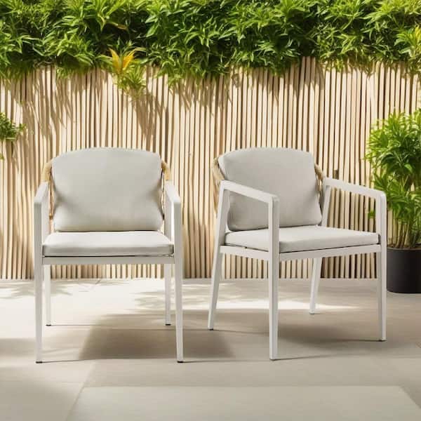 Noble House Patio PE Rattan Woven Rope Backrest and Gray Metal Frame Outdoor Dining Chair with Gray Cushions, Set of 2