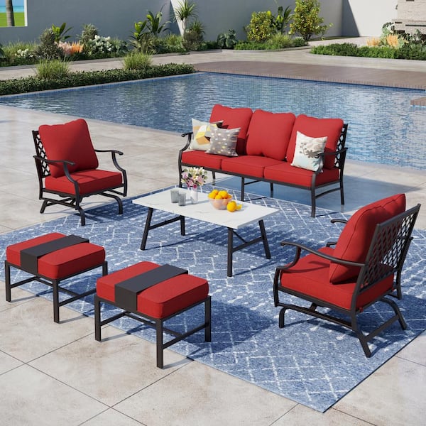 PHI VILLA Black Meshed 7-Seat 6-Piece Metal Outdoor Patio Conversation Set with Red Cushions and Table with Marble Pattern Top