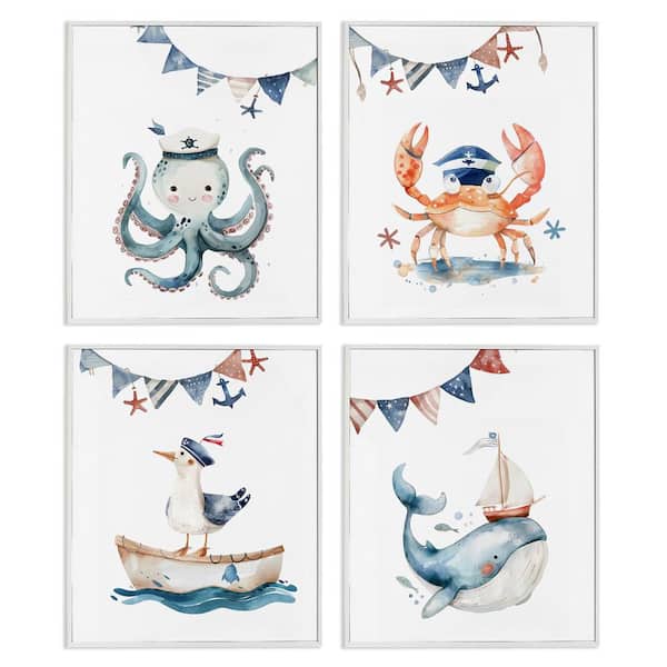 Stupell Industries Maritime Sailor Animals by LSR Design Studio 4 Pieces White Framed Coastal Giclee Art Print 20 in. x 16 in.