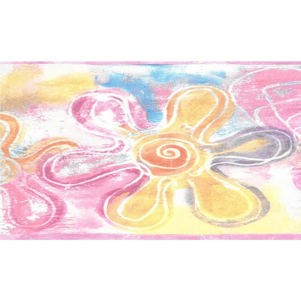 Dundee Deco Falkirk Brin Faux Painted Flowers Pink, Yellow, Blue Wallpaper Border